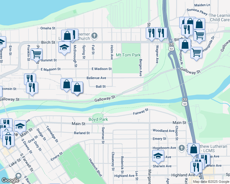 map of restaurants, bars, coffee shops, grocery stores, and more near 1720 Galloway Street in Eau Claire