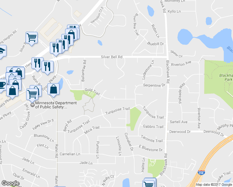 map of restaurants, bars, coffee shops, grocery stores, and more near 1875 Gold Trail in Eagan