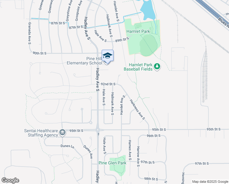 map of restaurants, bars, coffee shops, grocery stores, and more near 9247 Hallmark Avenue South in Cottage Grove