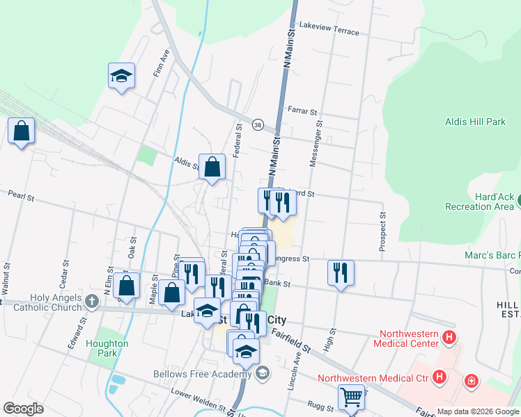 map of restaurants, bars, coffee shops, grocery stores, and more near 154 North Main Street in Saint Albans City