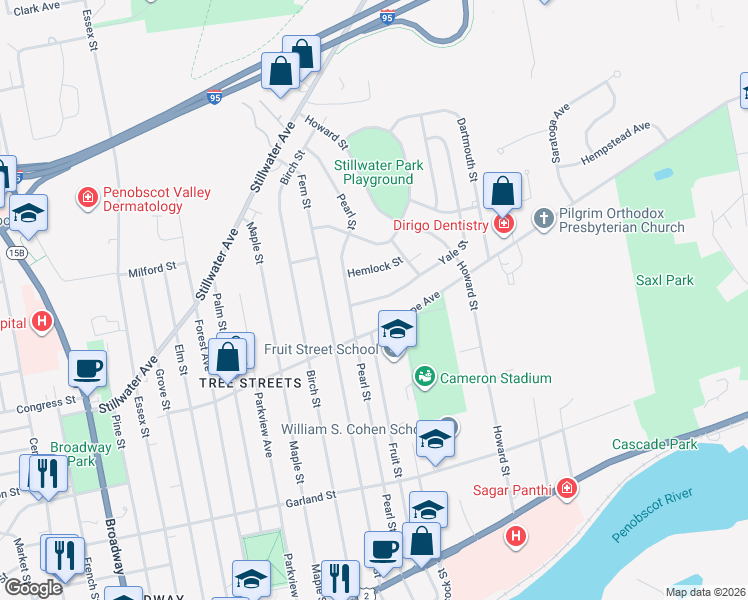 map of restaurants, bars, coffee shops, grocery stores, and more near 283 Pearl Street in Bangor