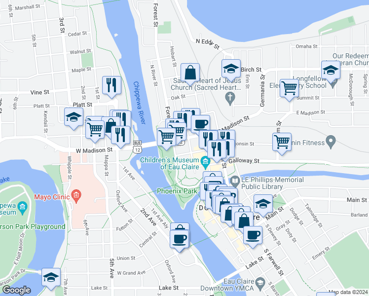 map of restaurants, bars, coffee shops, grocery stores, and more near 309 East Madison Street in Eau Claire