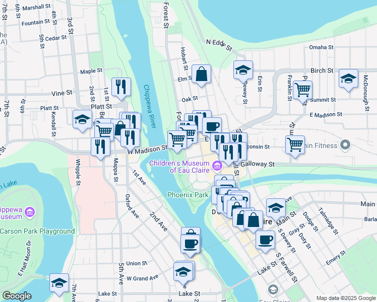 map of restaurants, bars, coffee shops, grocery stores, and more near 315 Wisconsin Street in Eau Claire