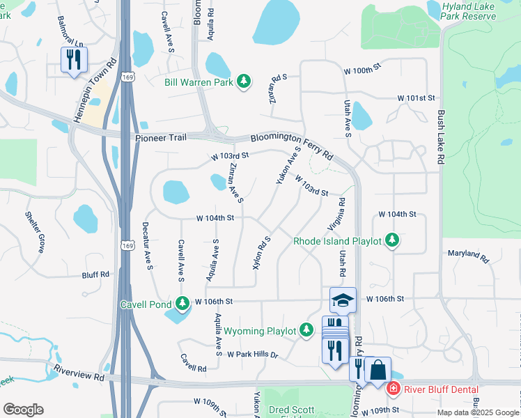 map of restaurants, bars, coffee shops, grocery stores, and more near 10380 Yukon Avenue South in Bloomington