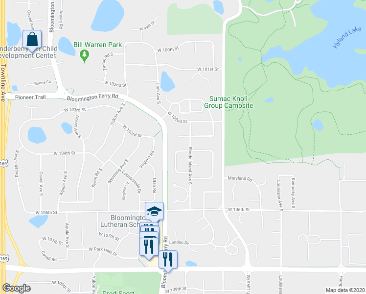 map of restaurants, bars, coffee shops, grocery stores, and more near 7508 West 104th Street in Minneapolis