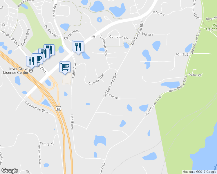 map of restaurants, bars, coffee shops, grocery stores, and more near 9253 Old Concord Boulevard in Inver Grove Heights