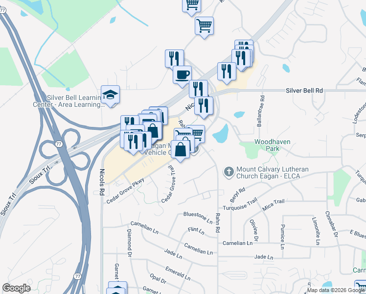 map of restaurants, bars, coffee shops, grocery stores, and more near 3903 Cedar Grove Parkway in Eagan
