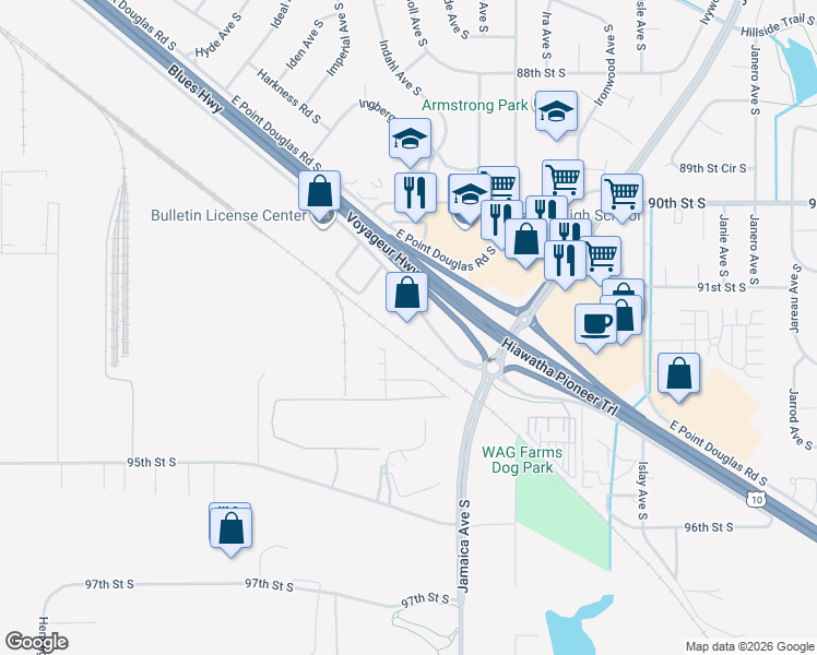 map of restaurants, bars, coffee shops, grocery stores, and more near 8617 West Point Douglas Road South in Cottage Grove