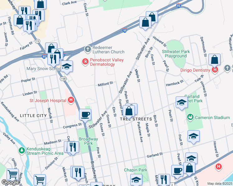 map of restaurants, bars, coffee shops, grocery stores, and more near 300 Forest Avenue in Bangor