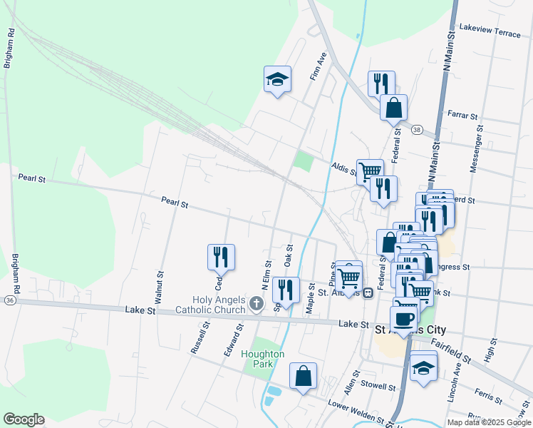 map of restaurants, bars, coffee shops, grocery stores, and more near 64 North Elm Street in Saint Albans City