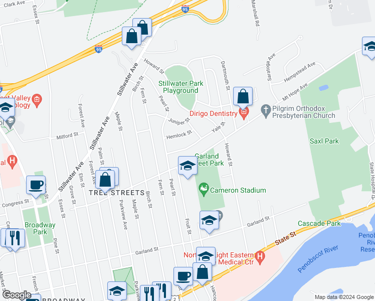 map of restaurants, bars, coffee shops, grocery stores, and more near 37 Yale Street in Bangor
