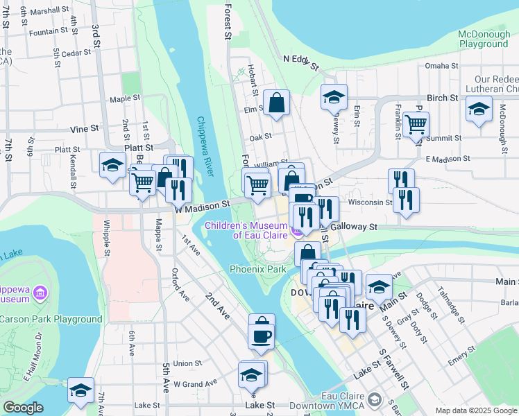 map of restaurants, bars, coffee shops, grocery stores, and more near 315 Wisconsin Street in Eau Claire