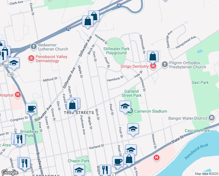 map of restaurants, bars, coffee shops, grocery stores, and more near 283 Pearl Street in Bangor