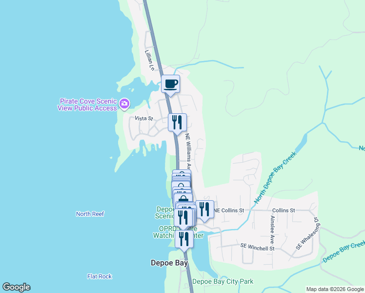 map of restaurants, bars, coffee shops, grocery stores, and more near 318 U.S. 101 in Depoe Bay