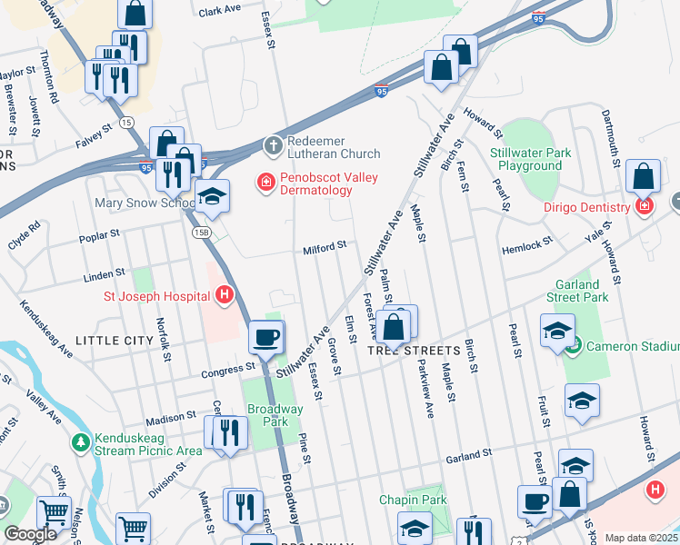 map of restaurants, bars, coffee shops, grocery stores, and more near 300 Forest Avenue in Bangor