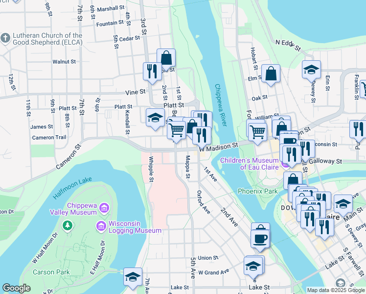 map of restaurants, bars, coffee shops, grocery stores, and more near 206 West Madison Street in Eau Claire
