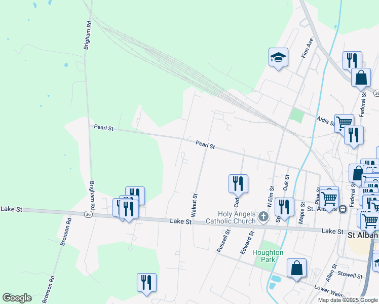 map of restaurants, bars, coffee shops, grocery stores, and more near 43 Adams Street in Saint Albans City