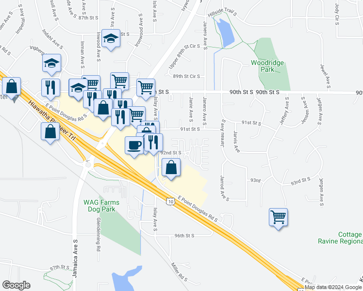 map of restaurants, bars, coffee shops, grocery stores, and more near 8860 92nd Street South in Cottage Grove