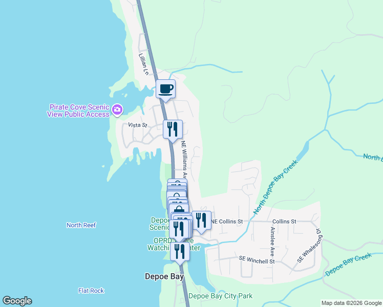 map of restaurants, bars, coffee shops, grocery stores, and more near 315 Northeast Vista Terrace Avenue in Depoe Bay