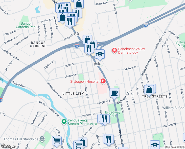 map of restaurants, bars, coffee shops, grocery stores, and more near 349 Center Street in Bangor