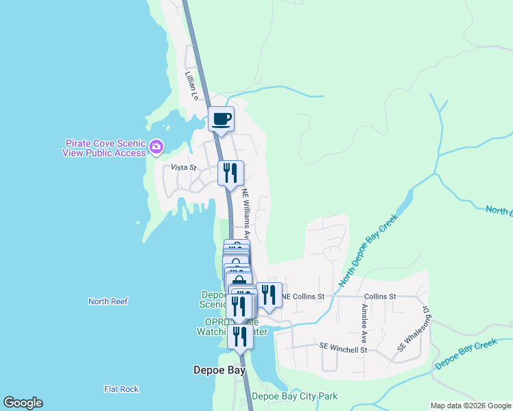 map of restaurants, bars, coffee shops, grocery stores, and more near 128 Northeast Baird Street in Depoe Bay