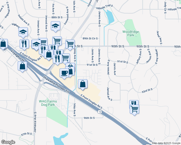 map of restaurants, bars, coffee shops, grocery stores, and more near 8860 92nd Street South in Cottage Grove