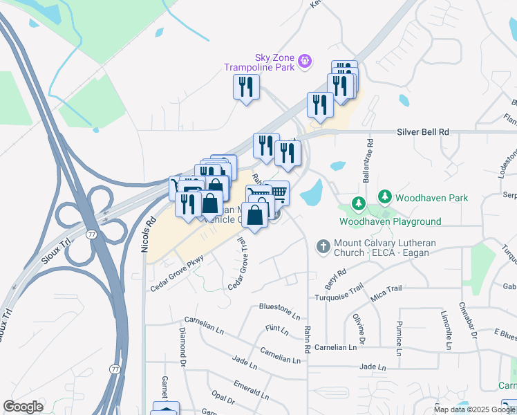 map of restaurants, bars, coffee shops, grocery stores, and more near 3910 Cedarvale Drive in Eagan