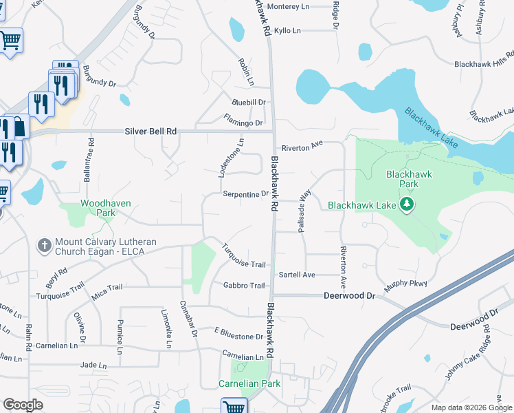 map of restaurants, bars, coffee shops, grocery stores, and more near 7766 Serpentine Court in Eagan