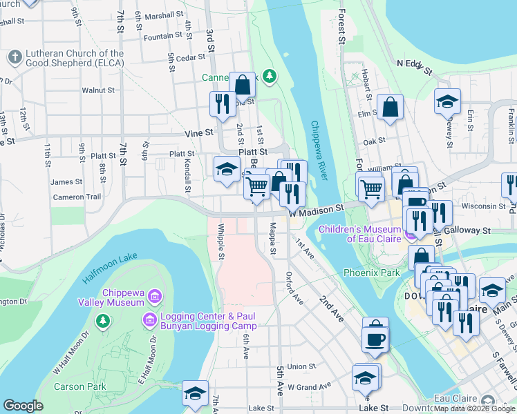map of restaurants, bars, coffee shops, grocery stores, and more near 1611 Bellinger Street in Eau Claire