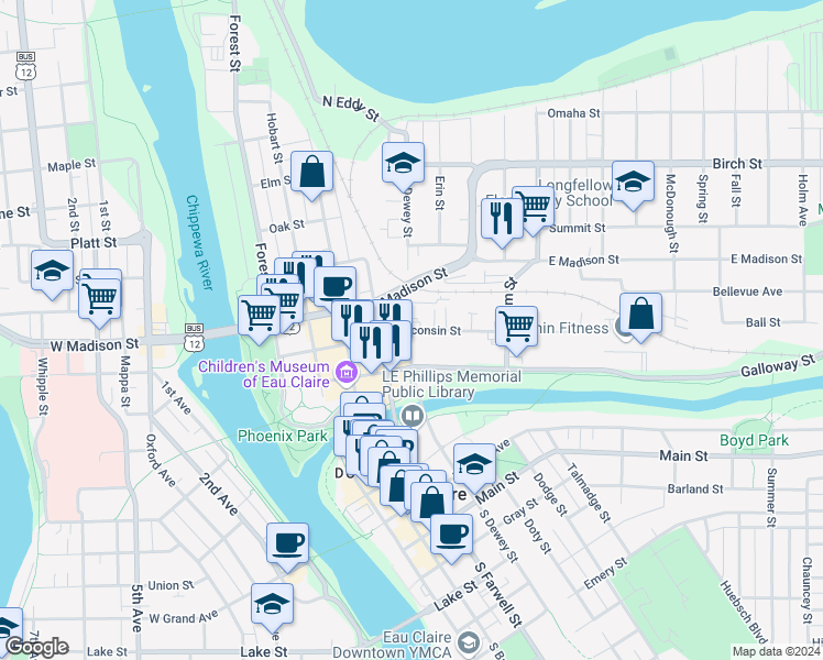 map of restaurants, bars, coffee shops, grocery stores, and more near 599 Wisconsin Street in Eau Claire