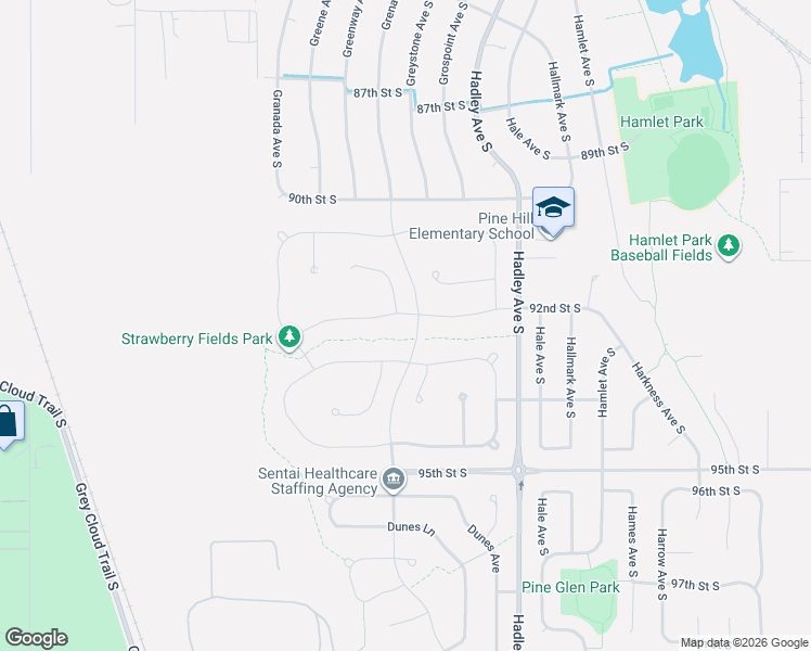 map of restaurants, bars, coffee shops, grocery stores, and more near 9230 Hadley Avenue South in Cottage Grove
