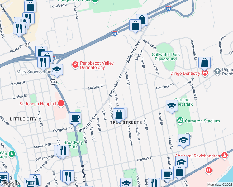 map of restaurants, bars, coffee shops, grocery stores, and more near 235 Palm Street in Bangor
