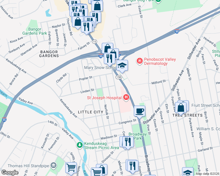 map of restaurants, bars, coffee shops, grocery stores, and more near 92 Grant Street in Bangor