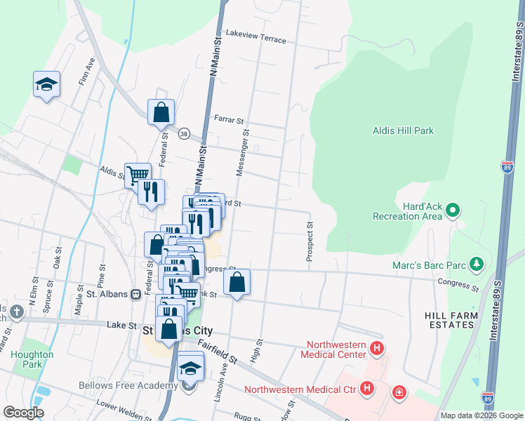 map of restaurants, bars, coffee shops, grocery stores, and more near 40 Brainerd Street in Saint Albans City