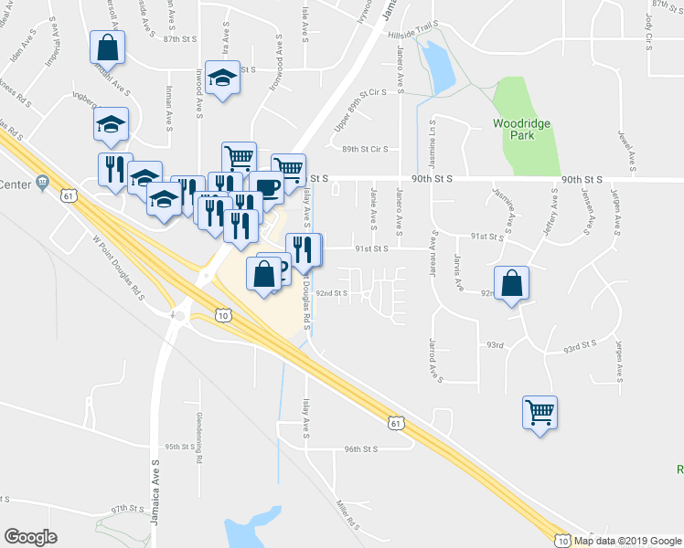 map of restaurants, bars, coffee shops, grocery stores, and more near 8828 92nd Street South in Cottage Grove