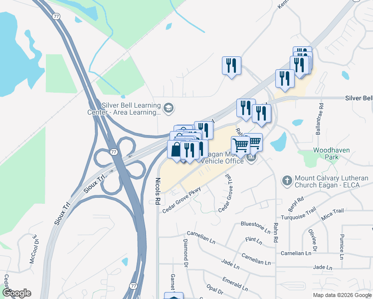 map of restaurants, bars, coffee shops, grocery stores, and more near 3965 Eagan Outlets Parkway in Eagan