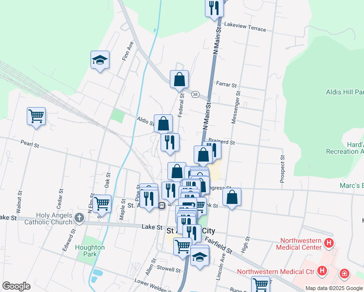 map of restaurants, bars, coffee shops, grocery stores, and more near 145 Federal Street in Saint Albans City