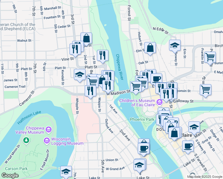 map of restaurants, bars, coffee shops, grocery stores, and more near 97 West Madison Street in Eau Claire