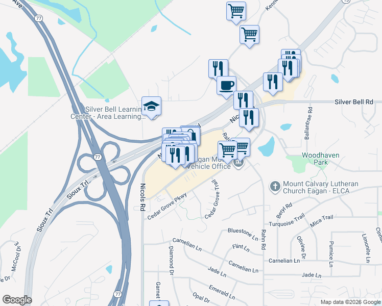 map of restaurants, bars, coffee shops, grocery stores, and more near 3965 Eagan Outlets Parkway in Eagan