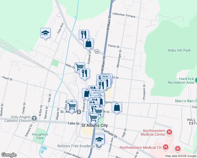 map of restaurants, bars, coffee shops, grocery stores, and more near 154 North Main Street in Saint Albans City