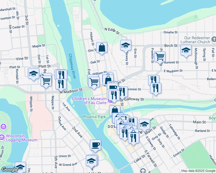 map of restaurants, bars, coffee shops, grocery stores, and more near 225 North Barstow Street in Eau Claire