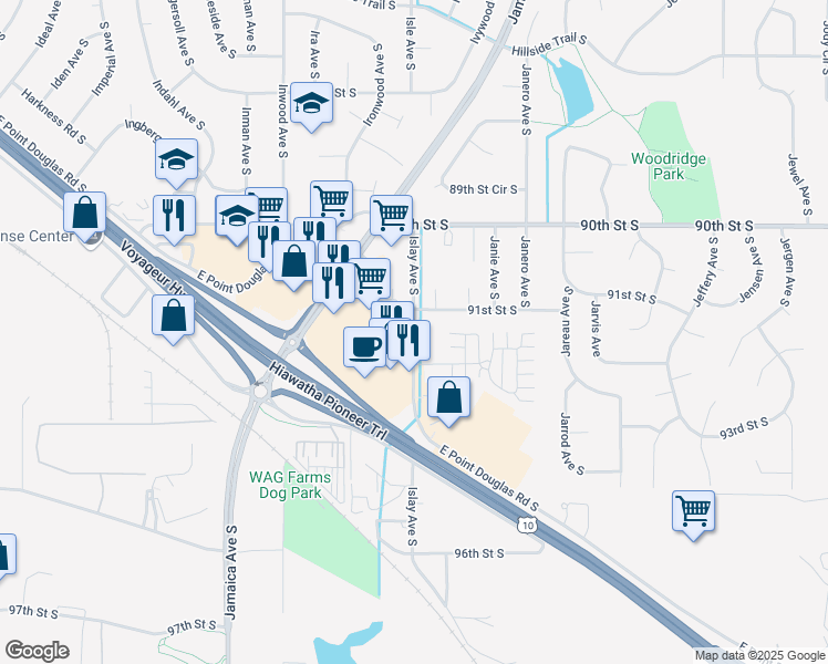 map of restaurants, bars, coffee shops, grocery stores, and more near 8690 East Point Douglas Road in Cottage Grove