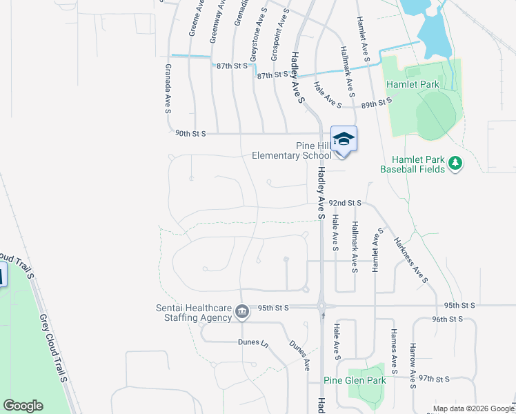 map of restaurants, bars, coffee shops, grocery stores, and more near 6543 92nd Street South in Cottage Grove
