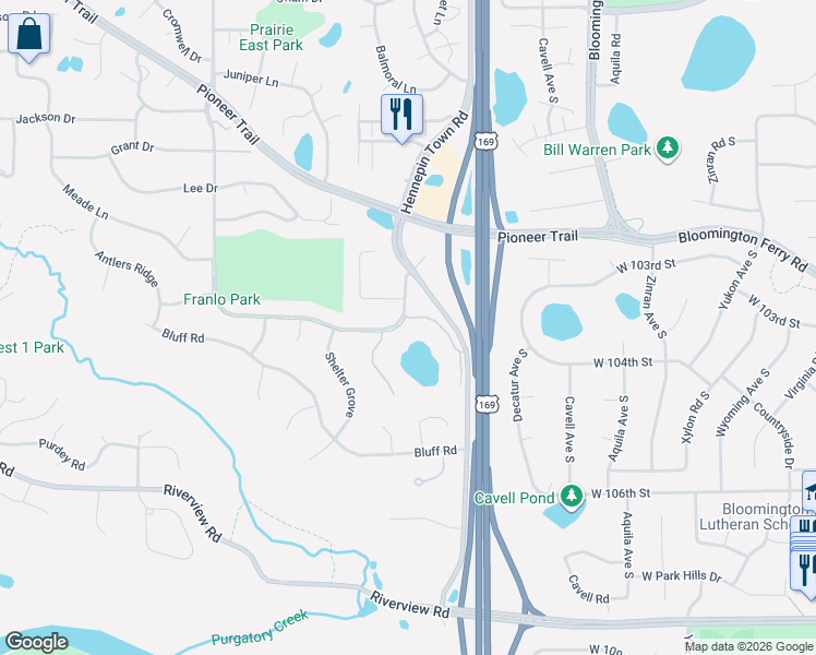 map of restaurants, bars, coffee shops, grocery stores, and more near 10370 Tuscany Way in Eden Prairie