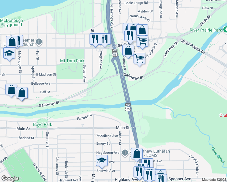 map of restaurants, bars, coffee shops, grocery stores, and more near 254 Moore Street in Eau Claire