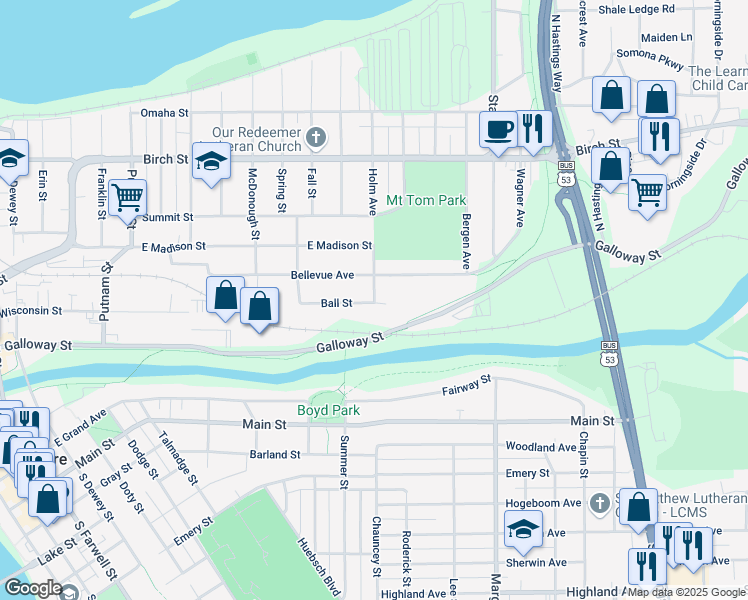 map of restaurants, bars, coffee shops, grocery stores, and more near 1720 Galloway Street in Eau Claire