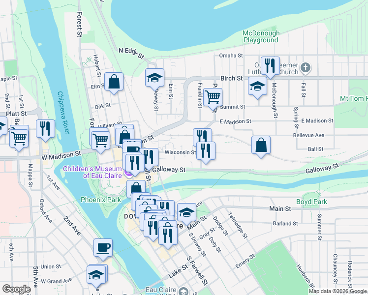 map of restaurants, bars, coffee shops, grocery stores, and more near 649 Wisconsin Street in Eau Claire