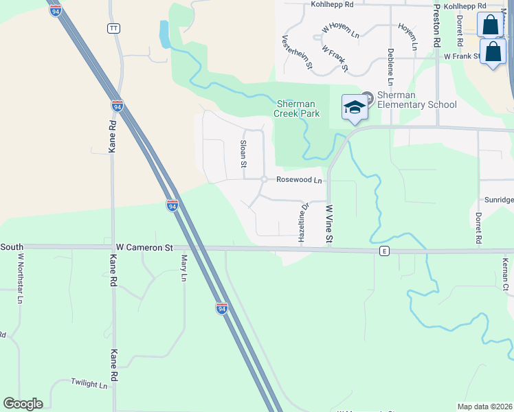 map of restaurants, bars, coffee shops, grocery stores, and more near 3360 Vineyard Street in Eau Claire