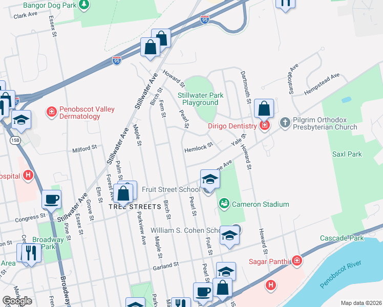 map of restaurants, bars, coffee shops, grocery stores, and more near 15 Hemlock Street in Bangor