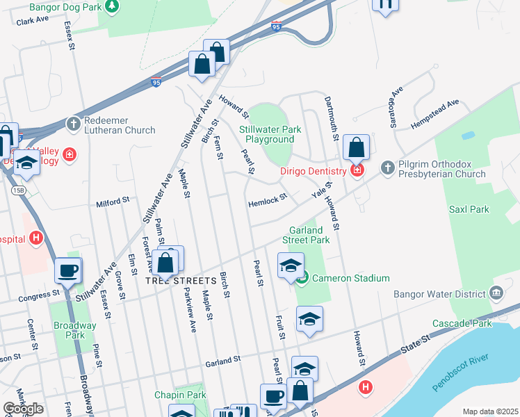 map of restaurants, bars, coffee shops, grocery stores, and more near 17 Hemlock Street in Bangor